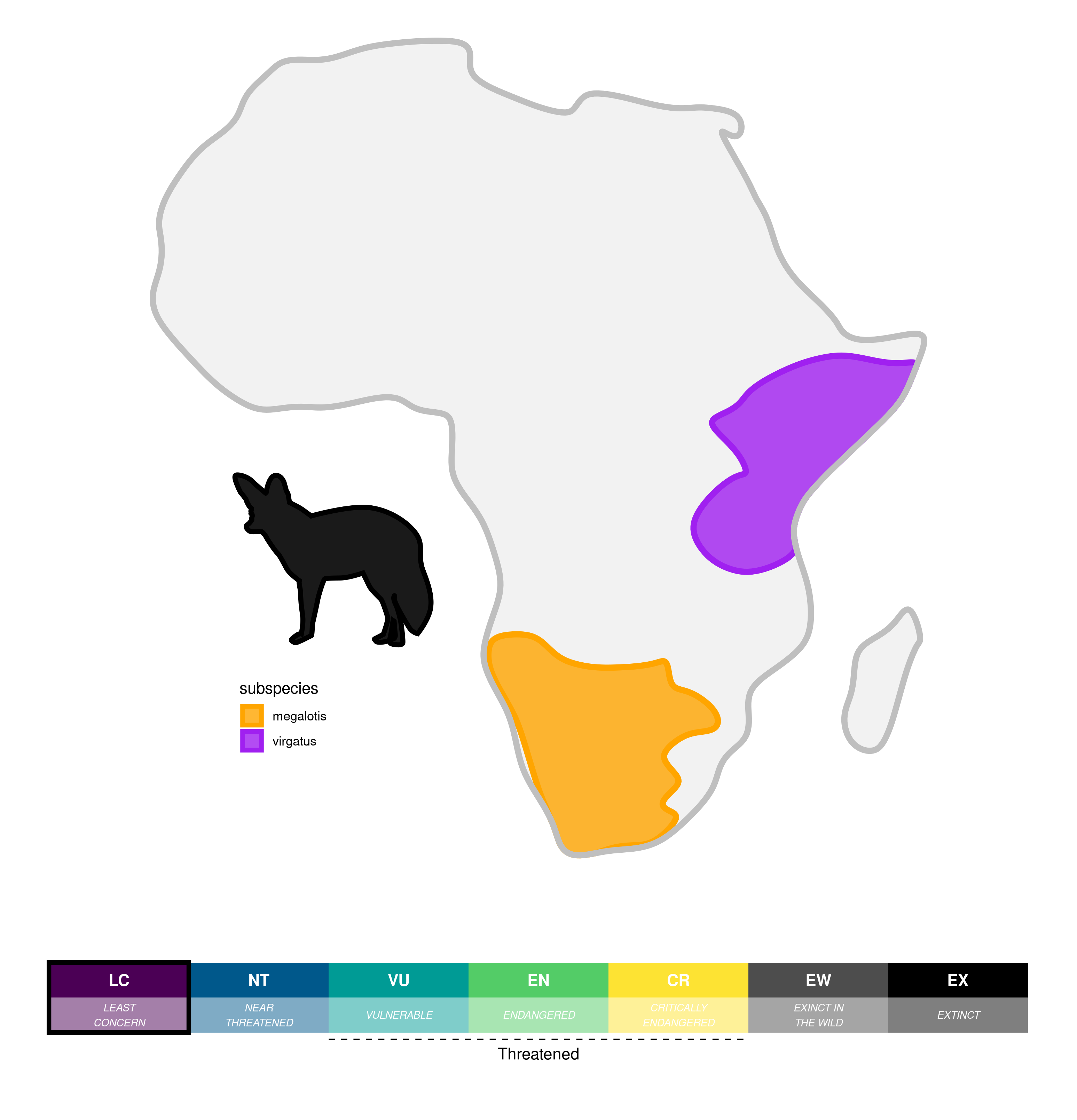 Distribution of the bat-eared fox across sub-Saharan Africa. The species occupies two distinct ranges, on in North-Eastern Africa, another one in South-Western Africa (resulting in the two subspecies *megalotis* and *virgatus*). Notably, these ranges coincide with the spatial distribution of harvester termites (hodotermitidae), which constitute the bat-eared foxes' primary source of food.