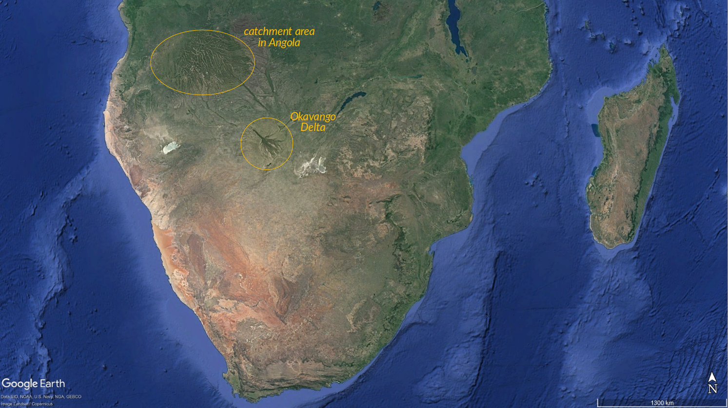 Satellite image of Southern Africa. The Okavango Delta is clearly visible due to its dark green hue. The delta is fed by water that is collected in catchment areas in the Angolan highlands and only slowly descends thorugh the Delta's tributaries. In fact, the flood takes so long to arrive that it reaches the distal ends of the delta during the peak dry season.