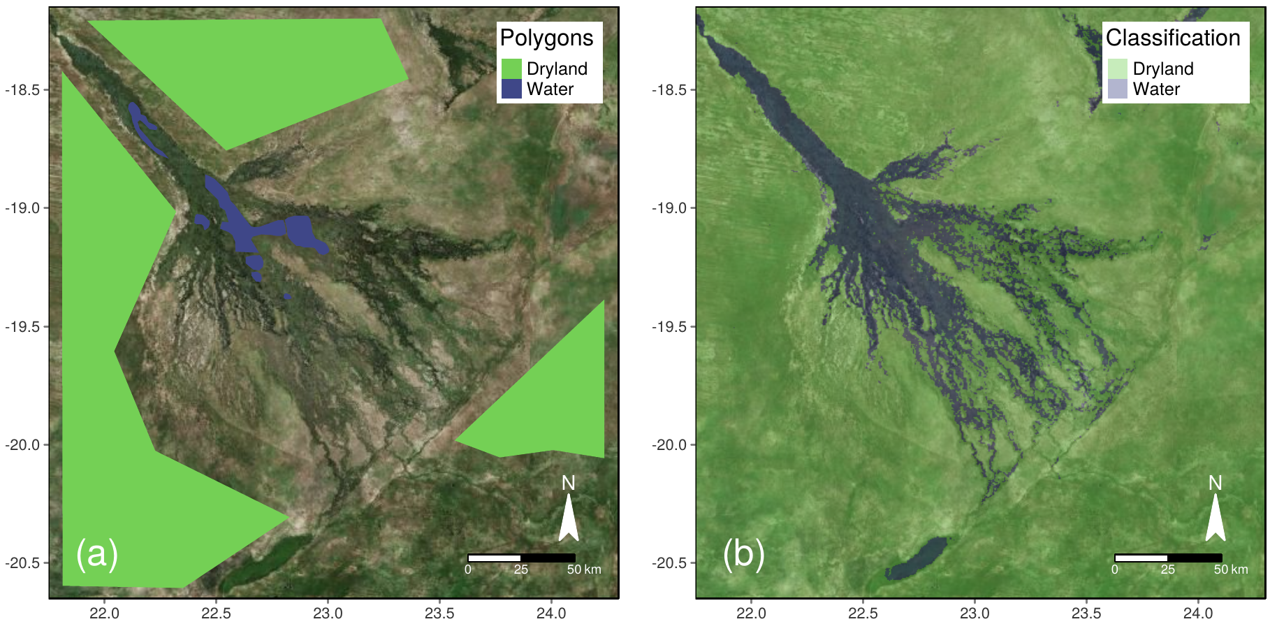  a) Calibration polygons that are used to inform the algorithm about the reflecance properties of dryland vs. water. b) Shows a classified flood map.